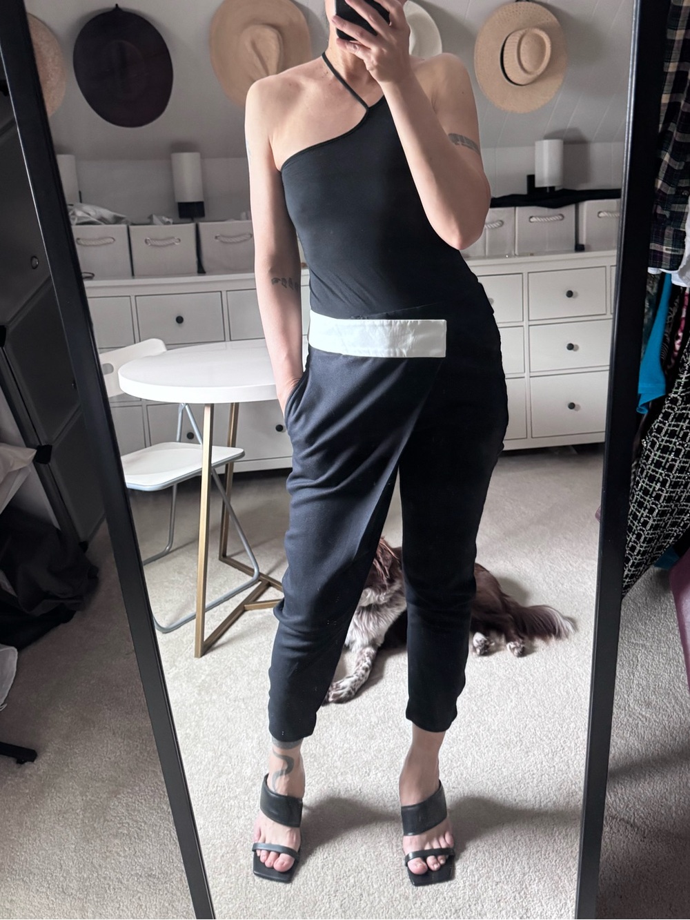 Helmut Lang cross front Black Pants with White leather Waistband
